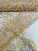Floral Lace Fabric - Metallic Gold Flowers With Rose Leaves Embroidered Mauve Tulle Sold By Yard
