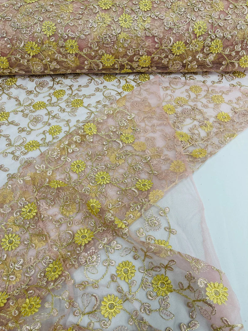 Floral Lace Fabric - Metallic Gold Flowers With Rose Leaves Embroidered Mauve Tulle Sold By Yard