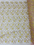 Floral Lace Fabric - Metallic Gold Flowers With Rose Leaves Embroidered Mauve Tulle Sold By Yard
