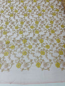 Floral Lace Fabric - Metallic Gold Flowers With Rose Leaves Embroidered Mauve Tulle Sold By Yard