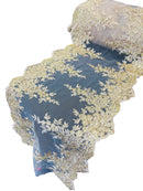 Flower Cluster Lace Sequins Table Runner - Metallic Gold / Skin Mesh - Floral Lace Table Runner Sold By Yard