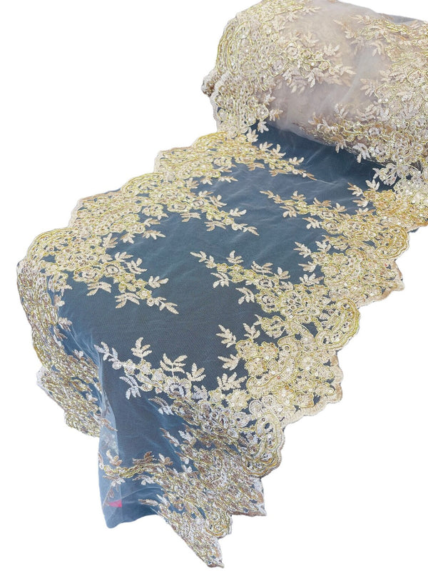 Flower Cluster Lace Sequins Table Runner - Metallic Gold / Skin Mesh - Floral Lace Table Runner Sold By Yard