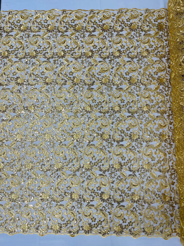 Metallic Floral Lace Fabric - Gold - Embroidered Sequins Floral Design Sold By Yard