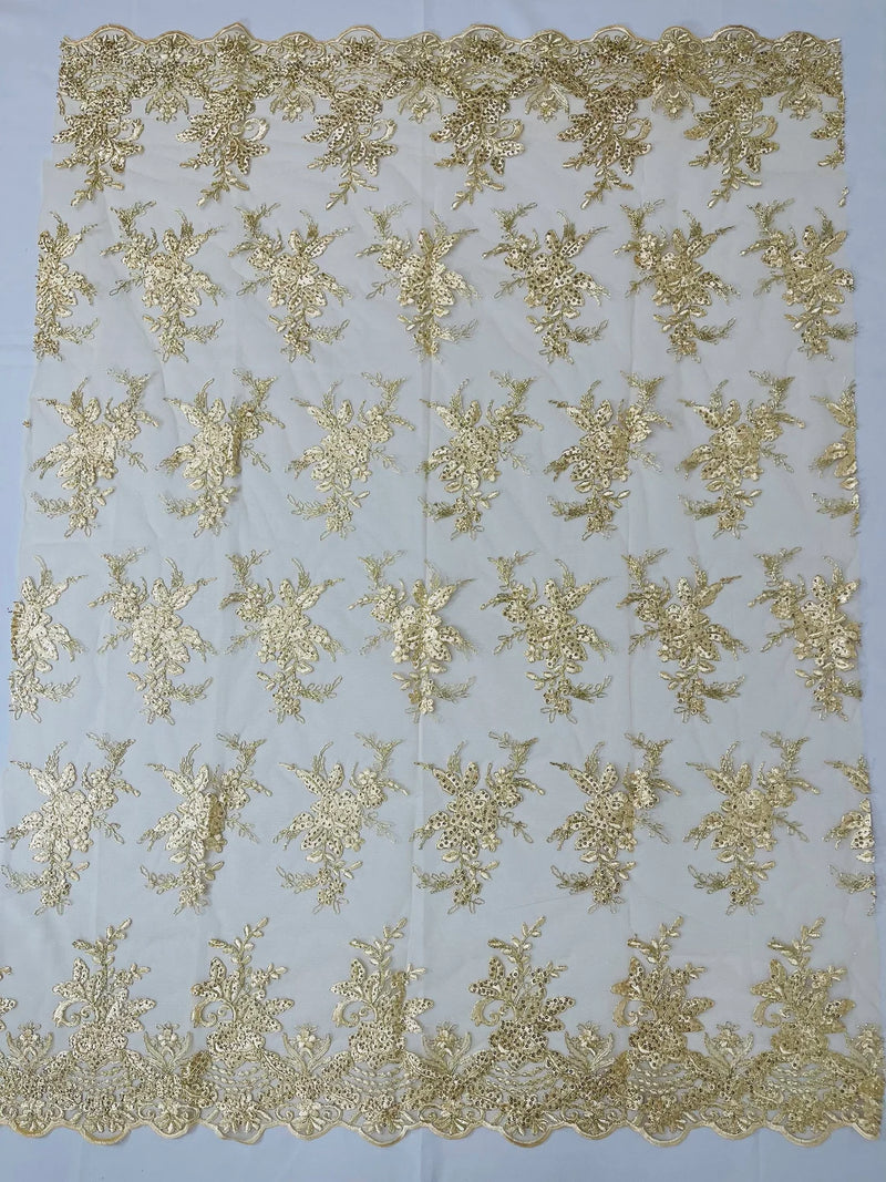 Floral Plant Lace Fabric - Metallic Gold - Flower Plant Design Lace Sequins Fabric Sold By Yard