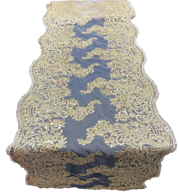 14" Metallic Floral Design Lace Table Runner - Gold - Event Table Decor Runner Sold By Yard