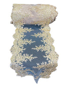 Flower Cluster Lace Sequins Table Runner - Metallic Gold / Skin Mesh - Floral Lace Table Runner Sold By Yard