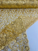 Metallic Floral Lace Fabric - Gold - Embroidered Sequins Floral Design Sold By Yard