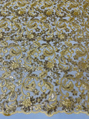 Metallic Floral Lace Fabric - Gold - Embroidered Sequins Floral Design Sold By Yard