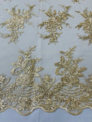 Floral Plant Lace Fabric - Metallic Gold - Flower Plant Design Lace Sequins Fabric Sold By Yard