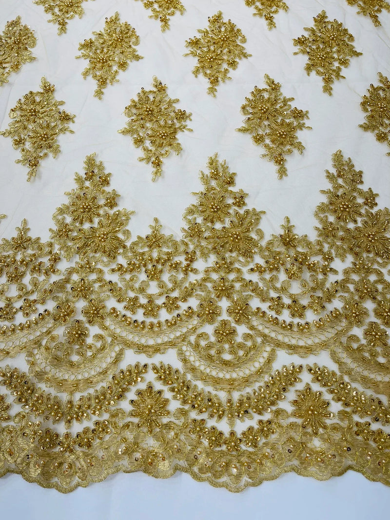 Beaded Flower Cluster Fabric - Metallic Gold - Embroidered Beaded Fancy Border Floral Fabric Sold By Yard