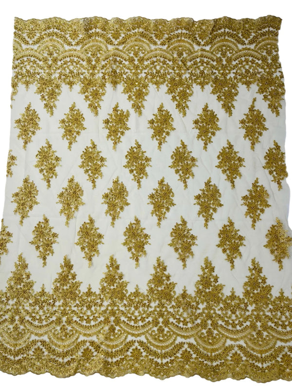 Beaded Flower Cluster Fabric - Metallic Gold - Embroidered Beaded Fancy Border Floral Fabric Sold By Yard