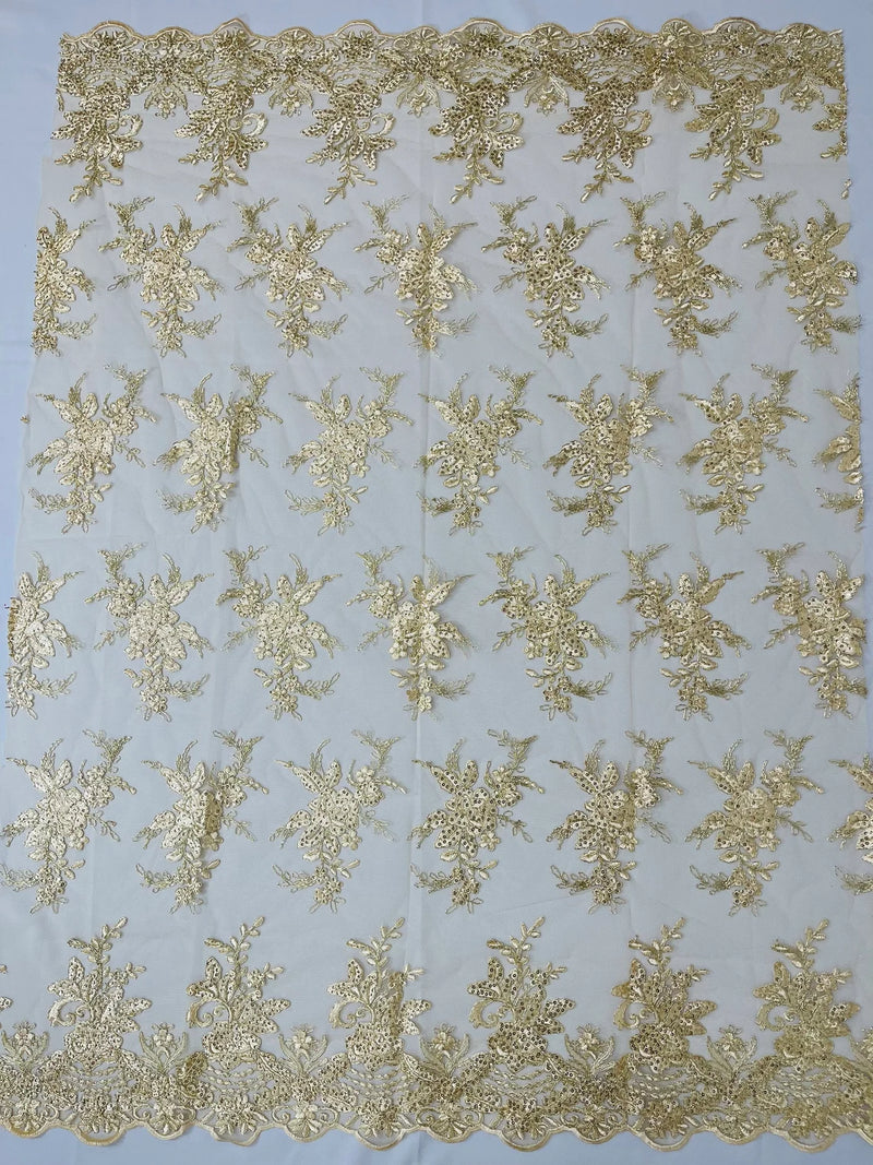 Floral Plant Lace Fabric - Metallic Gold - Flower Plant Design Lace Sequins Fabric Sold By Yard