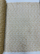 Metallic Floral Lace Fabric - Gold  - Embroidered  Flower Design on Lace Mesh Fabric By Yard