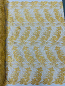 Floral Plant Cluster Fabric - Gold - Embroidered High Quality Lace Fabric Sold by Yard