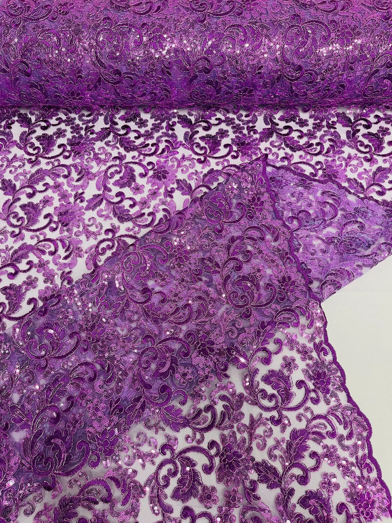 Metallic Floral Lace Fabric - Grape - Embroidered Sequins Floral Design Yard