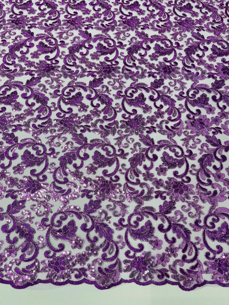 Metallic Floral Lace Fabric - Grape - Embroidered Sequins Floral Design Yard