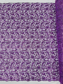 Metallic Floral Lace Fabric - Grape - Embroidered Sequins Floral Design Yard