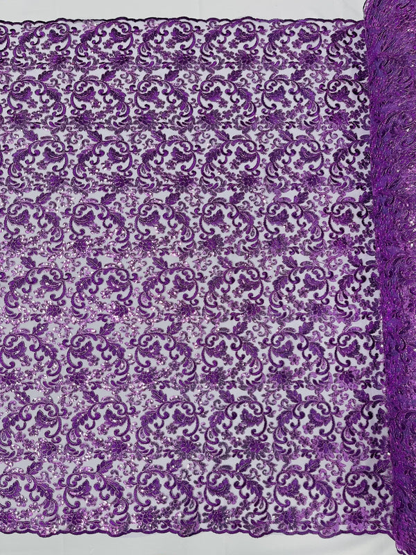 Metallic Floral Lace Fabric - Grape - Embroidered Sequins Floral Design Yard