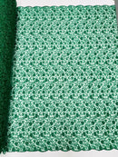 Metallic Floral Lace Fabric - Metallic Green - Embroidered  Flower Design on Lace Mesh Fabric By Yard