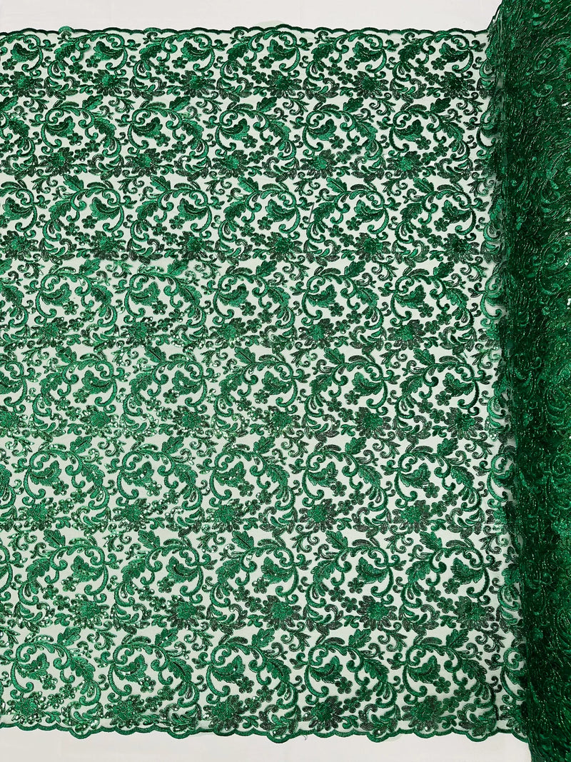 Metallic Floral Lace Fabric - Hunter Green - Embroidered Sequins Floral Design Sold By Yard