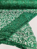 Metallic Floral Lace Fabric - Hunter Green - Embroidered Sequins Floral Design Sold By Yard