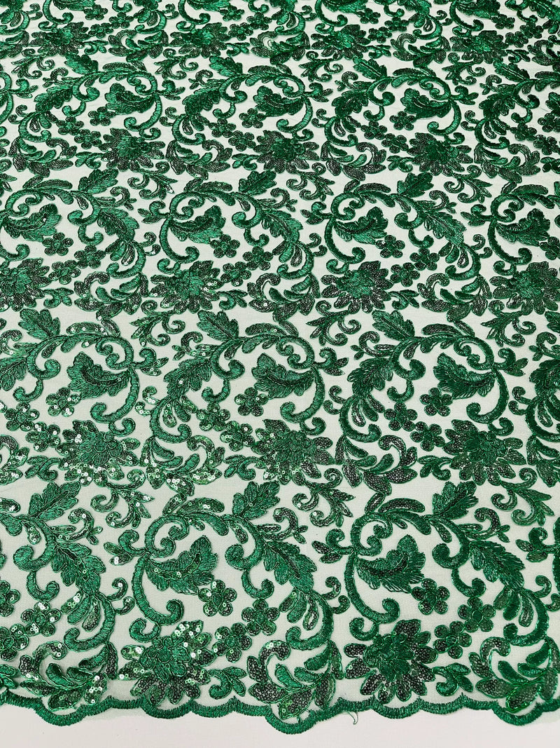 Metallic Floral Lace Fabric - Hunter Green - Embroidered Sequins Floral Design Sold By Yard
