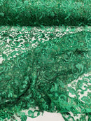 Metallic Floral Lace Fabric - Hunter Green - Embroidered Sequins Floral Design Sold By Yard