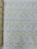 Floral Plant Cluster Fabric - Ivory / Gold - Embroidered High Quality Lace Fabric Sold by Yard