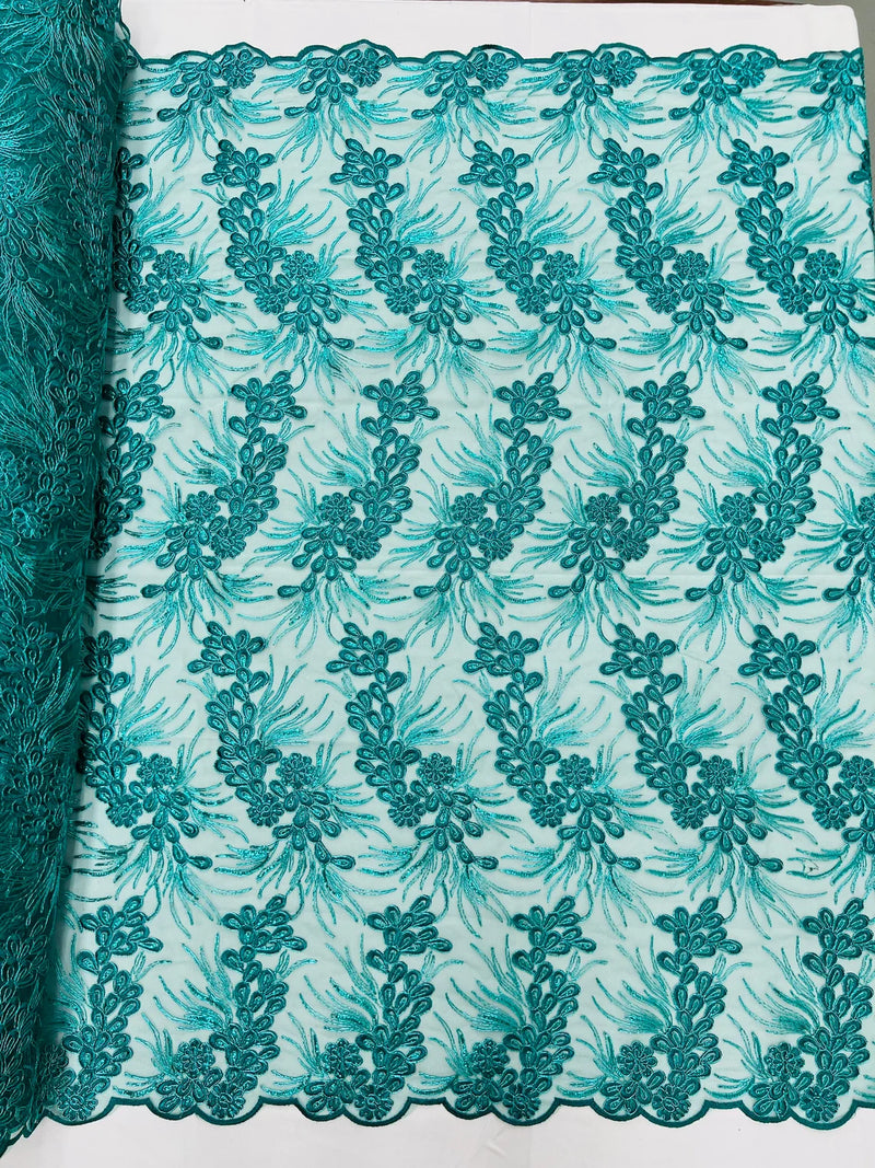 Floral Plant Cluster Fabric - Jade - Embroidered High Quality Lace Fabric Sold by Yard
