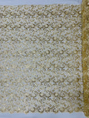Metallic Floral Lace Fabric - Light Gold - Embroidered Sequins Floral Design Yard