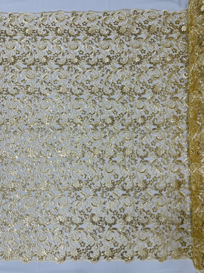 Metallic Floral Lace Fabric - Light Gold - Embroidered Sequins Floral Design Yard