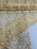 Metallic Floral Lace Fabric - Light Gold - Embroidered Sequins Floral Design Yard