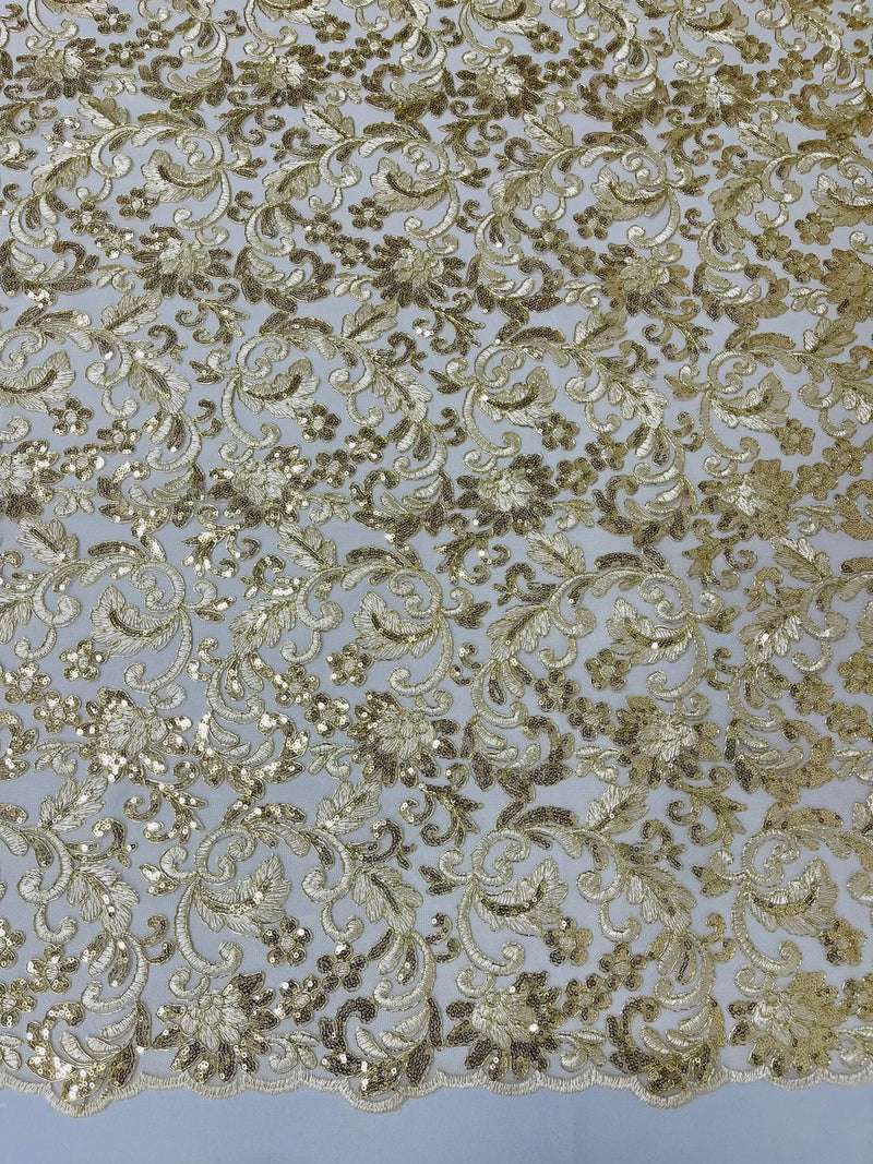 Metallic Floral Lace Fabric - Light Gold - Embroidered Sequins Floral Design Yard