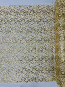 Metallic Floral Lace Fabric - Light Gold - Embroidered Sequins Floral Design Yard