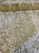 Metallic Floral Lace Fabric - Light Gold - Embroidered Sequins Floral Design Yard