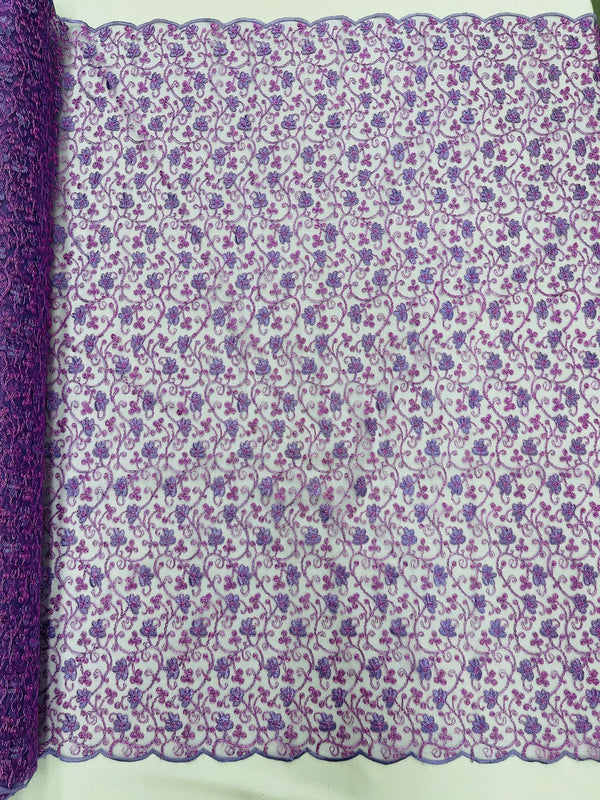 Metallic Floral Lace Fabric - Lilac - Embroidered  Flower Design on Lace Mesh Fabric By Yard