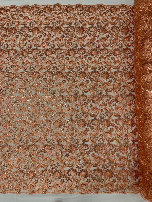 Metallic Floral Lace Fabric - Peach - Embroidered Sequins Floral Design Sold By Yard