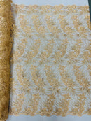 Floral Plant Cluster Fabric - Peach - Embroidered High Quality Lace Fabric Sold by Yard