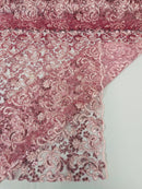 Metallic Floral Lace Fabric - Pink - Embroidered Sequins Floral Design Sold By Yard