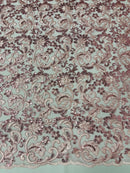 Metallic Floral Lace Fabric - Pink - Embroidered Sequins Floral Design Sold By Yard