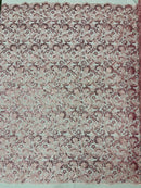 Metallic Floral Lace Fabric - Pink - Embroidered Sequins Floral Design Sold By Yard