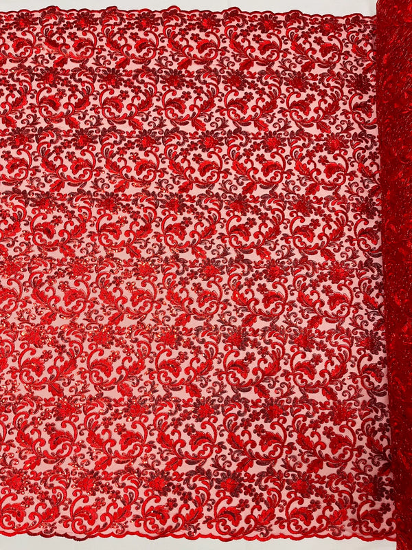Metallic Floral Lace Fabric - Red - Embroidered Sequins Floral Design Sold By Yard