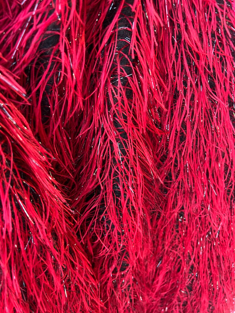 Metallic Eyelash Fabric - Red on Black - Feather/Eyelash/Fringe Design on Mesh By Yard
