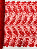Floral Plant Cluster Fabric - Red - Embroidered High Quality Lace Fabric Sold by Yard