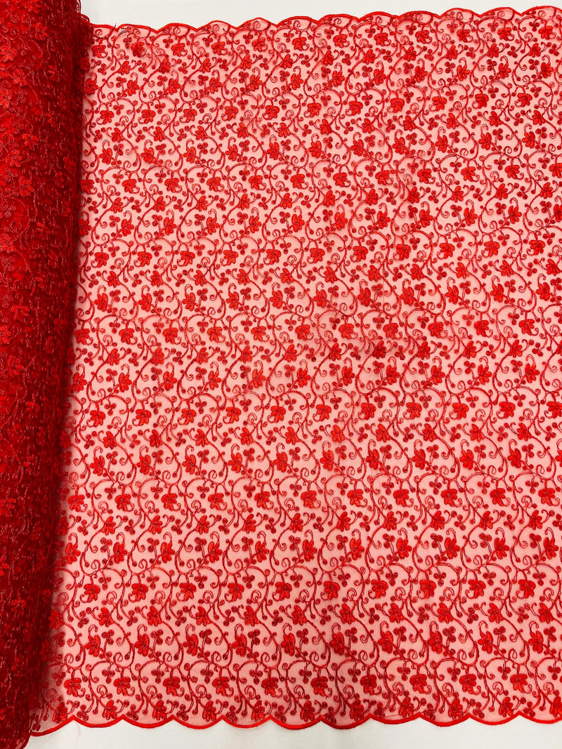 Metallic Floral Lace Fabric - Red - Embroidered  Flower Design on Lace Mesh Fabric By Yard