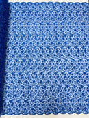 Metallic Floral Lace Fabric - Royal Blue - Embroidered  Flower Design on Lace Mesh Fabric By Yard