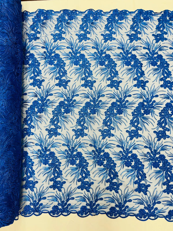 Floral Plant Cluster Fabric - Royal Blue - Embroidered High Quality Lace Fabric Sold by Yard