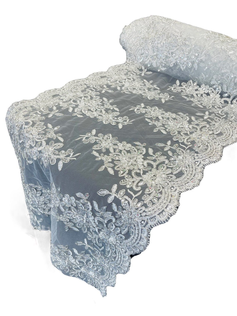 Flower Cluster Lace Sequins Table Runner - Metallic Silver - Floral Lace Table Runner Sold By Yard