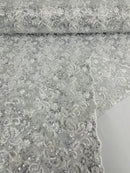Metallic Floral Lace Fabric - Silver - Embroidered Sequins Floral Design Sold By Yard