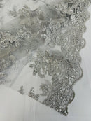 Floral Plant Lace Fabric - Metallic Silver - Flower Plant Design Lace Sequins Fabric Sold By Yard